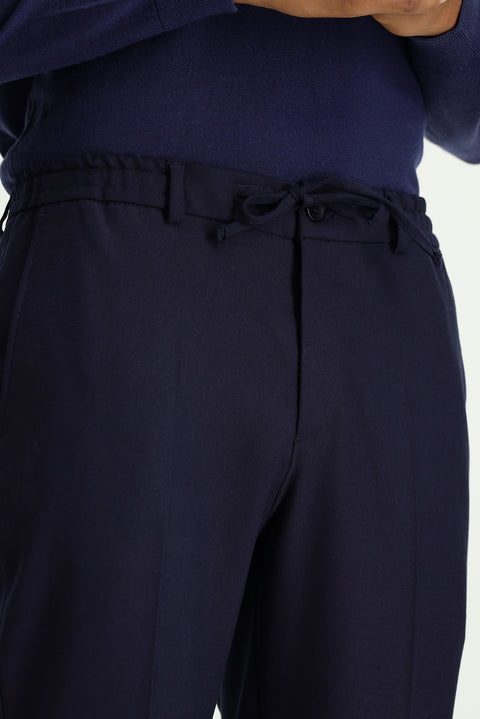 Koyu Lacivert 7 Drop Super Slim Fit Eksra Dar Kesim Likralı Beli Lastikli İpli Klasik Kumaş Pantolon
