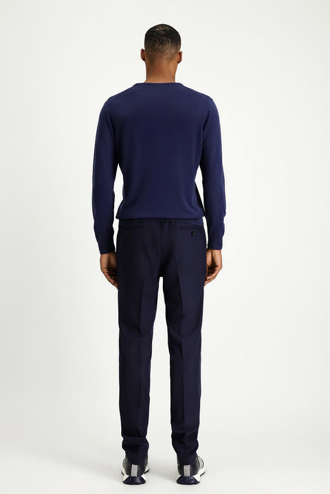 Koyu Lacivert 7 Drop Super Slim Fit Eksra Dar Kesim Likralı Beli Lastikli İpli Klasik Kumaş Pantolon