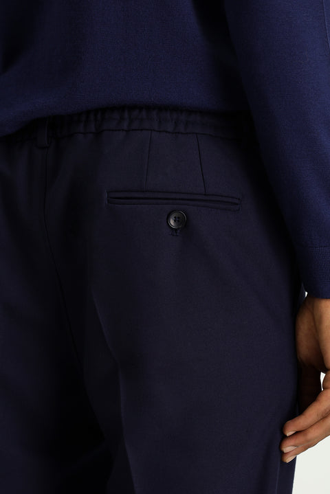 Koyu Lacivert 7 Drop Super Slim Fit Eksra Dar Kesim Likralı Beli Lastikli İpli Klasik Kumaş Pantolon