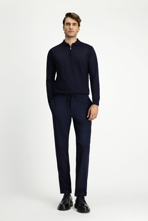Koyu Lacivert 7 Drop Slim Fit Dar Kesim Likralı Beli Lastikli İpli Klasik Kumaş Pantolon