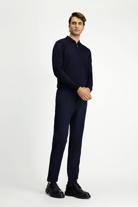 Koyu Lacivert 7 Drop Slim Fit Dar Kesim Likralı Beli Lastikli İpli Klasik Kumaş Pantolon