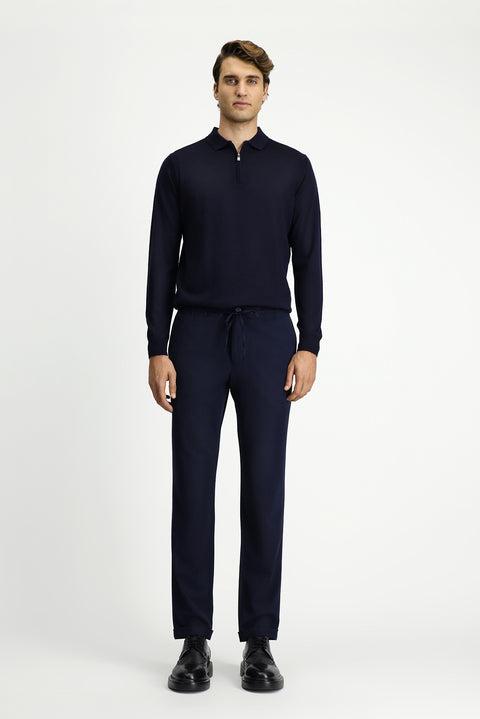 Koyu Lacivert 7 Drop Slim Fit Dar Kesim Likralı Beli Lastikli İpli Klasik Kumaş Pantolon
