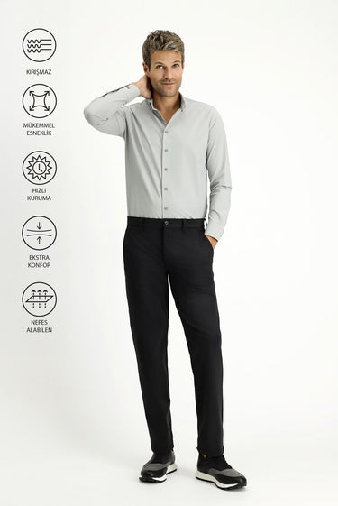 Siyah Techno-Line Slim Fit Dar Kesim Likralı Klasik Kumaş Pantolon