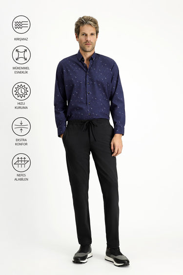 Siyah Techno-Line Slim Fit Dar Kesim Likralı Beli Lastikli İpli Klasik Kumaş Pantolon