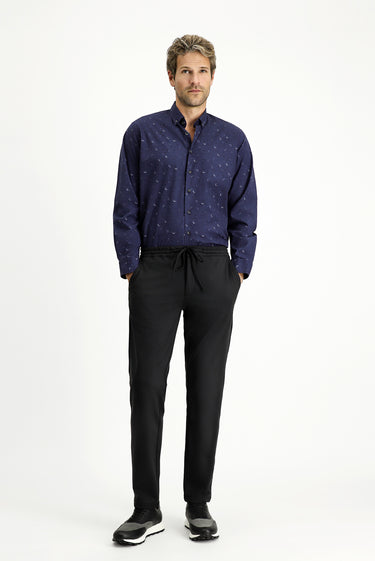 Siyah Techno-Line Slim Fit Dar Kesim Likralı Beli Lastikli İpli Klasik Kumaş Pantolon