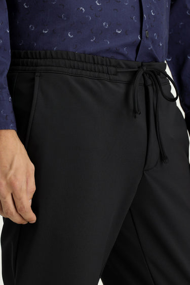 Siyah Techno-Line Slim Fit Dar Kesim Likralı Beli Lastikli İpli Klasik Kumaş Pantolon
