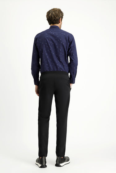 Siyah Techno-Line Slim Fit Dar Kesim Likralı Beli Lastikli İpli Klasik Kumaş Pantolon
