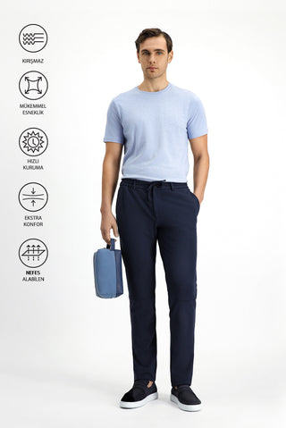 Koyu Lacivert Techno-Line 7 Drop Super Slim Fit Eksra Dar Kesim Likralı Beli Lastikli İpli Klasik Kumaş Pantolon