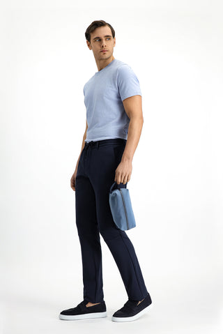 Koyu Lacivert Techno-Line 7 Drop Super Slim Fit Eksra Dar Kesim Likralı Beli Lastikli İpli Klasik Kumaş Pantolon