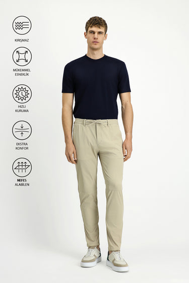 Orta Bej Techno-Line Super Slim Fit Ekstra Dar Kesim Likralı Beli Lastikli İpli Klasik Kumaş Pantolon