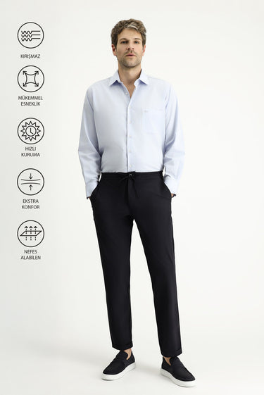 Koyu Lacivert Techno-Line Super Slim Fit Ekstra Dar Kesim Beli Lastikli İpli Likralı Klasik Kumaş Pantolon