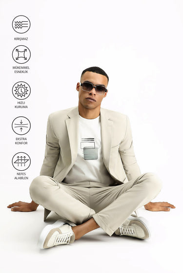 Açık Bej Techno-Line Super Slim Fit Ekstra Dar Kesim Beli Lastikli İpli Likralı Klasik Kumaş Pantolon