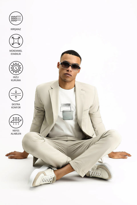 Açık Bej Techno-Line 7 Drop Super Slim Fit Eksra Dar Kesim Beli Lastikli İpli Likralı Klasik Kumaş Pantolon