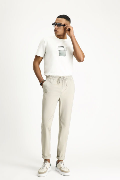 Açık Bej Techno-Line 7 Drop Super Slim Fit Eksra Dar Kesim Beli Lastikli İpli Likralı Klasik Kumaş Pantolon