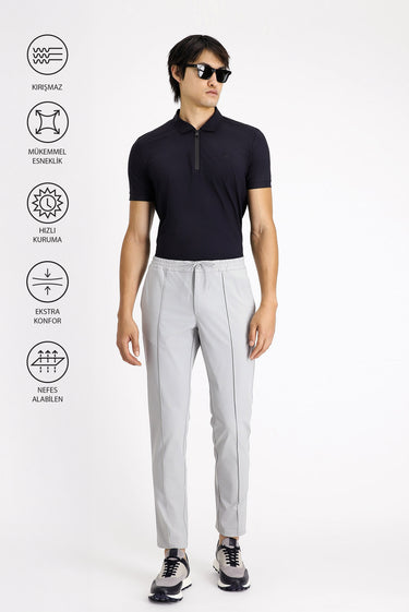 Açık Gri Techno-Line Super Slim Fit Ekstra Dar Kesim Likralı Beli Lastikli İpli Klasik Kumaş Pantolon