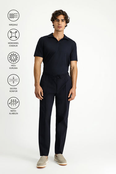Koyu Lacivert Techno-Line Super Slim Fit Ekstra Dar Kesim Likralı Beli Lastikli İpli Klasik Kumaş Pantolon