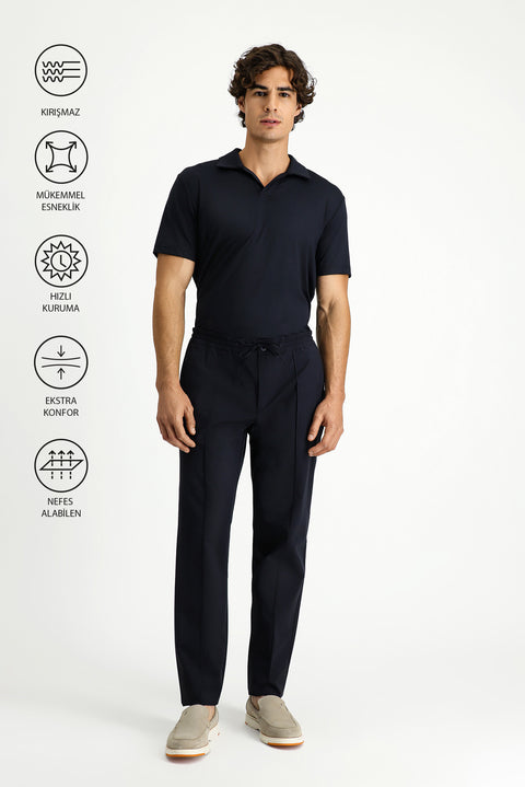 Dark Navy Techno-Line 7 Drop Super Slim Fit Extra Narrow Cut Lycra Elastic Waist Drawstring Classic Fabric Trousers