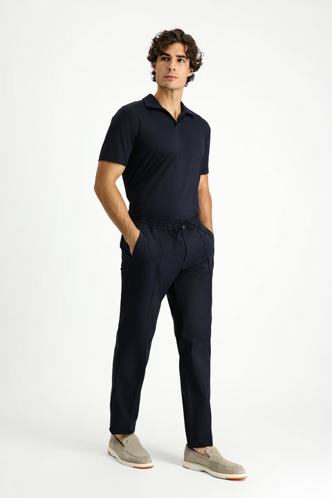 Dark Navy Techno-Line 7 Drop Super Slim Fit Extra Narrow Cut Lycra Elastic Waist Drawstring Classic Fabric Trousers
