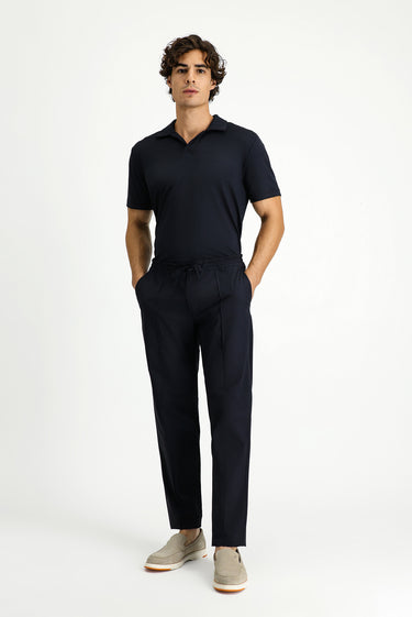 Koyu Lacivert Techno-Line Super Slim Fit Ekstra Dar Kesim Likralı Beli Lastikli İpli Klasik Kumaş Pantolon