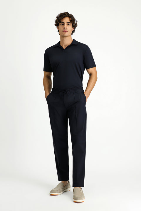 Dark Navy Techno-Line 7 Drop Super Slim Fit Extra Narrow Cut Lycra Elastic Waist Drawstring Classic Fabric Trousers