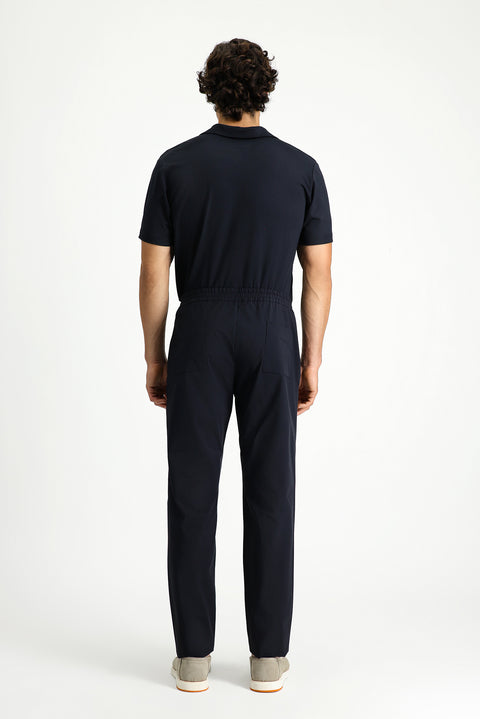 Dark Navy Techno-Line 7 Drop Super Slim Fit Extra Narrow Cut Lycra Elastic Waist Drawstring Classic Fabric Trousers