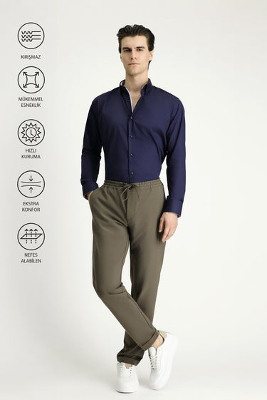 Koyu Haki Techno-Line Slim Fit Dar Kesim Beli Lastikli İpli Likralı Klasik Kumaş Pantolon