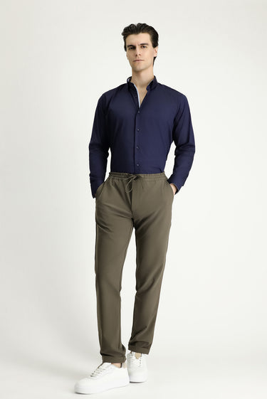 Koyu Haki Techno-Line Slim Fit Dar Kesim Beli Lastikli İpli Likralı Klasik Kumaş Pantolon