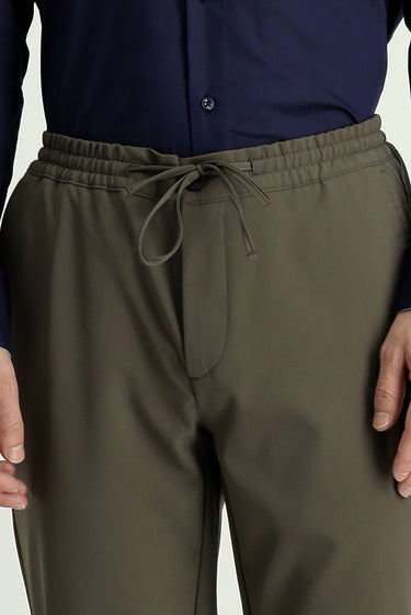 Koyu Haki Techno-Line Slim Fit Dar Kesim Beli Lastikli İpli Likralı Klasik Kumaş Pantolon