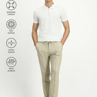 Krem Techno-Line Super Slim Fit Ekstra Dar Kesim Likralı Beli Lastikli İpli Klasik Kumaş Pantolon