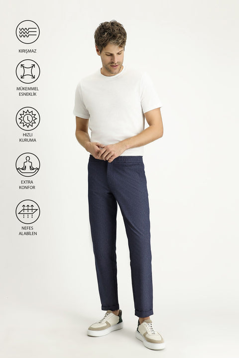Koyu Mavi Techno-Line 7 Drop Super Slim Fit Eksra Dar Kesim Beli Lastikli Desenli Klasik Kumaş Pantolon