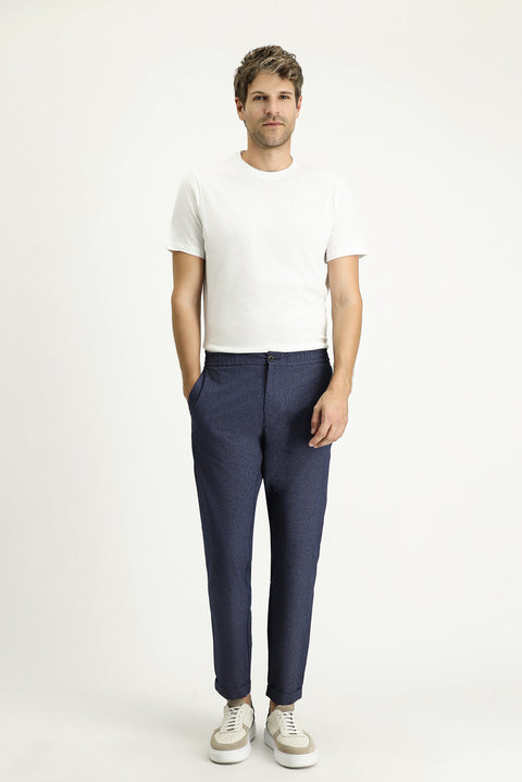 Koyu Mavi Techno-Line 7 Drop Super Slim Fit Eksra Dar Kesim Beli Lastikli Desenli Klasik Kumaş Pantolon