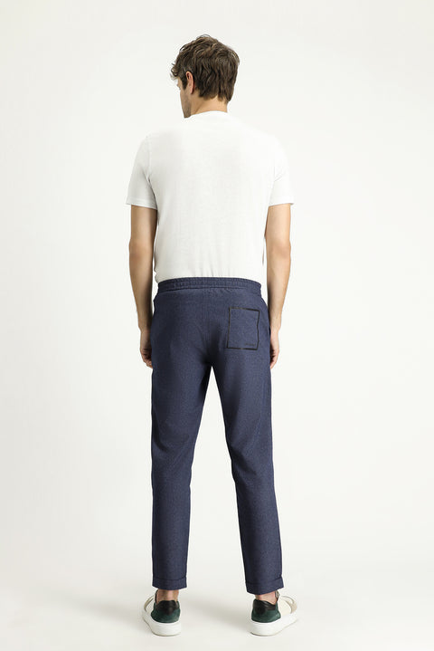 Koyu Mavi Techno-Line 7 Drop Super Slim Fit Eksra Dar Kesim Beli Lastikli Desenli Klasik Kumaş Pantolon