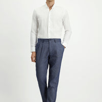 Açık Lacivert Slim Fit Dar Kesim Desenli Keten Karışımlı Pileli Klasik Kumaş Pantolon