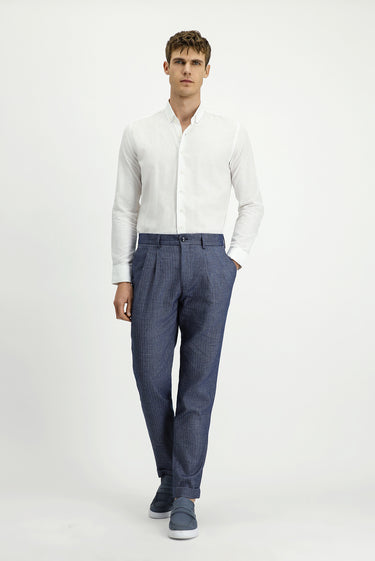 Açık Lacivert Slim Fit Dar Kesim Desenli Keten Karışımlı Pileli Klasik Kumaş Pantolon