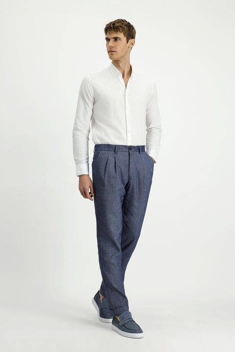 Açık Lacivert 7 Drop Slim Fit Dar Kesim Desenli Keten Karışımlı Pileli Klasik Kumaş Pantolon