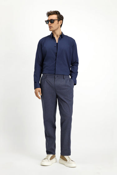 Koyu Lacivert Regular Fit Çizgili Keten Karışımlı Pileli Klasik Kumaş Pantolon