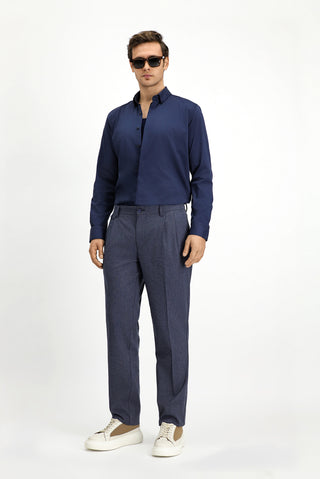 Koyu Lacivert 6 Drop Regular Fit Standart Kesim Çizgili Keten Karışımlı Pileli Klasik Kumaş Pantolon