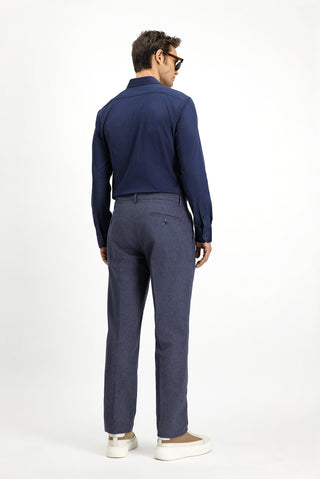 Koyu Lacivert 6 Drop Regular Fit Standart Kesim Çizgili Keten Karışımlı Pileli Klasik Kumaş Pantolon