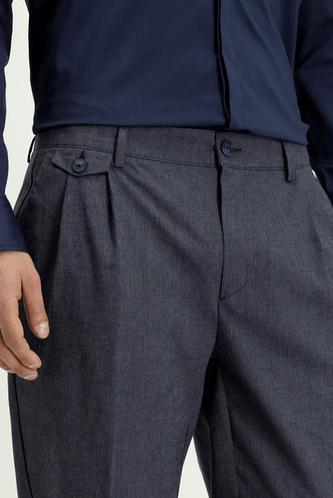 Koyu Lacivert 6 Drop Regular Fit Standart Kesim Çizgili Keten Karışımlı Pileli Klasik Kumaş Pantolon