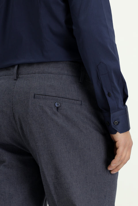 Koyu Lacivert 6 Drop Regular Fit Standart Kesim Çizgili Keten Karışımlı Pileli Klasik Kumaş Pantolon