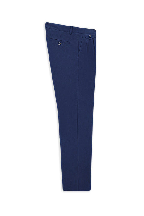 Saks Mavi 6 Drop Regular Fit Standart Kesim Çizgili Keten Karışımlı Pileli Klasik Kumaş Pantolon