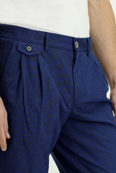 Saks Mavi Regular Fit Çizgili Keten Karışımlı Pileli Klasik Kumaş Pantolon