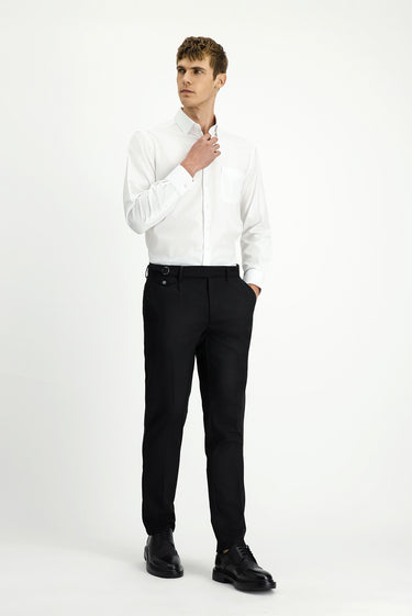 Siyah Slim Fit Dar Kesim Likralı Desenli Tokalı Pileli Klasik Kumaş Pantolon