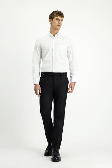 Siyah Slim Fit Dar Kesim Likralı Desenli Tokalı Pileli Klasik Kumaş Pantolon