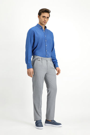 Açık Gri Slim Fit Dar Kesim Likralı Desenli Tokalı Pileli Klasik Kumaş Pantolon