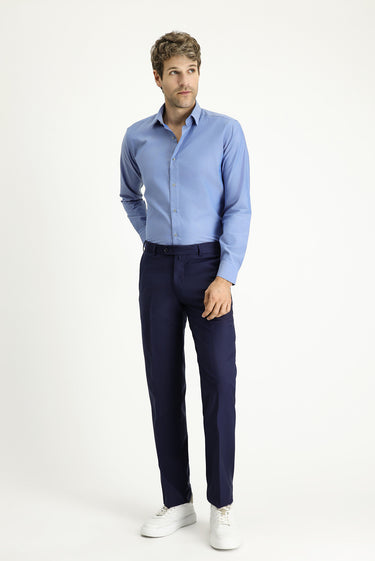 Orta Lacivert Slim Fit Dar Kesim Yünlü Klasik Kumaş Pantolon