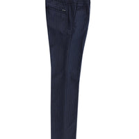 Orta Lacivert Slim Fit Dar Kesim Beli Lastikli Çizgili Likralı Klasik Kumaş Pantolon