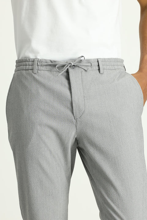 Orta Gri 6 Drop Regular Fit Standart Kesim Beli Lastikli İpli Desenli Gofre Likralı Klasik Kumaş Pantolon