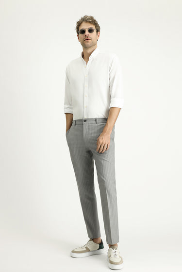 Orta Gri Slim Fit Dar Kesim Beli Lastikli Likralı Çizgili Klasik Kumaş Pantolon