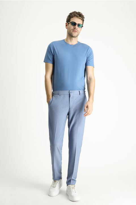 Açık Mavi 7 Drop Slim Fit Dar Kesim Beli Lastikli Likralı Çizgili Klasik Kumaş Pantolon